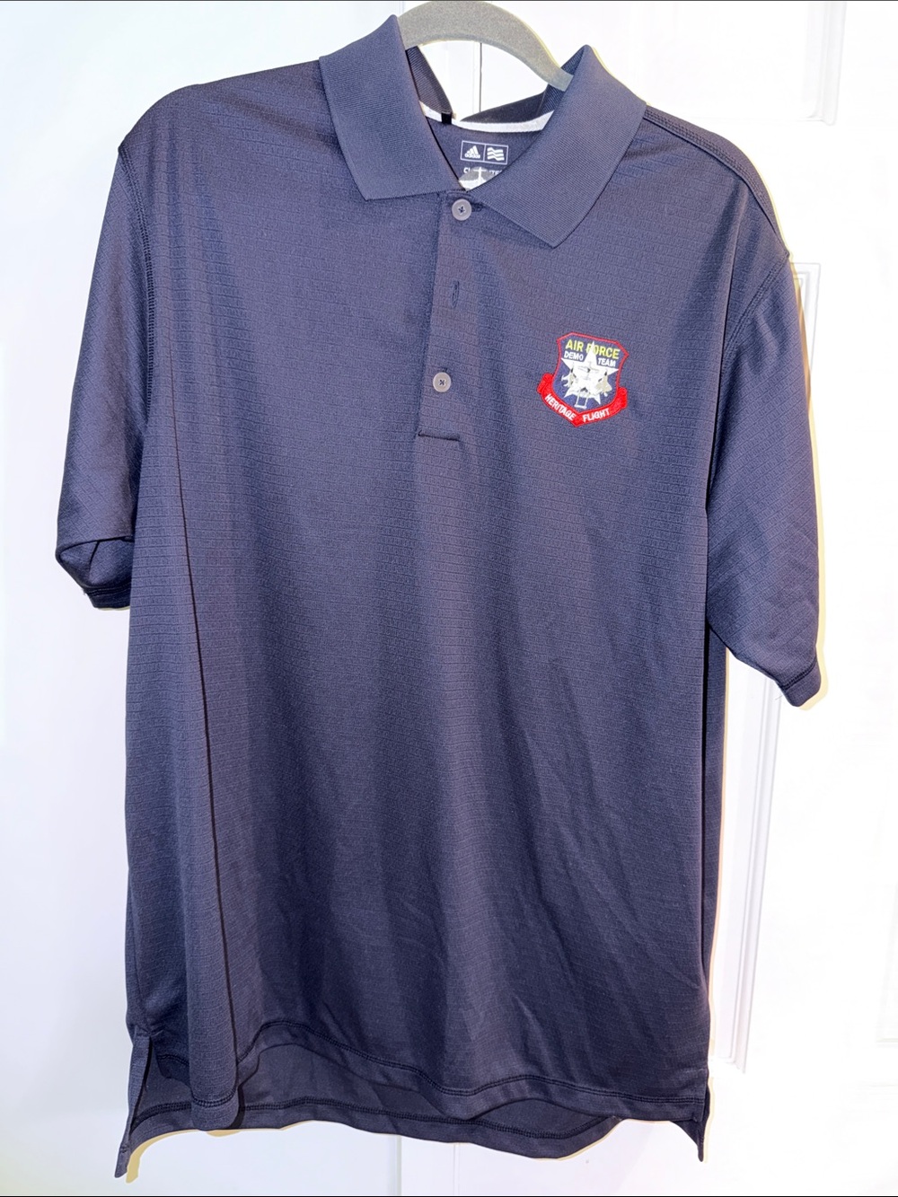 Adidas Men’s Navy Blue Polo Shirt with Embroidered Air Force Patch